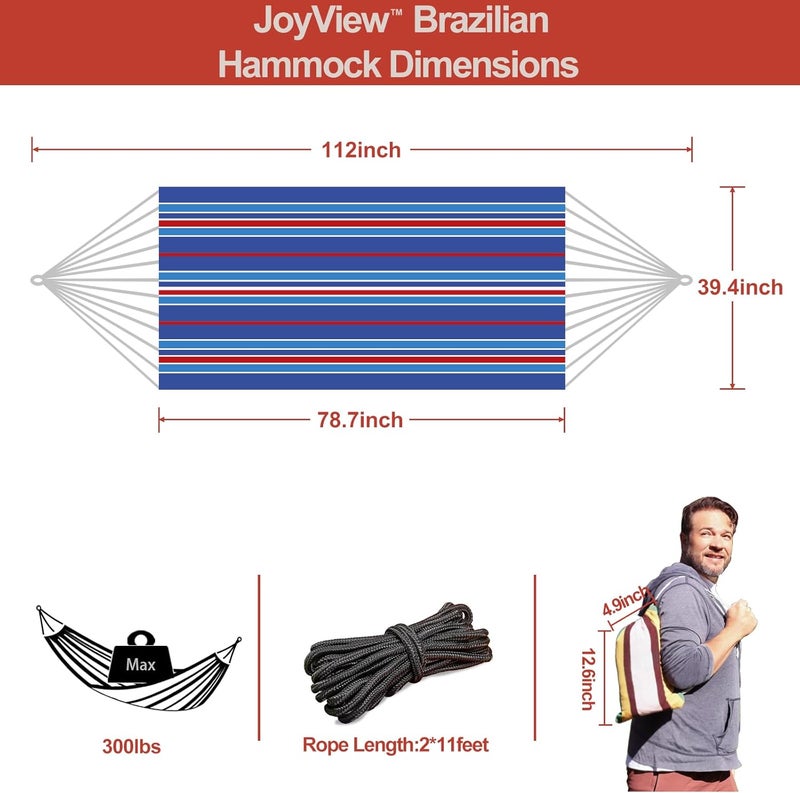 JoyView Brazilian Hammock for Single Person Portable Hammock with Hanging Ropes & Carry Bag Large 78.8x39.4” for Patio 300LBS Capacity Perfect for Outdoor/Indoor - Blue Stripe - Image 2